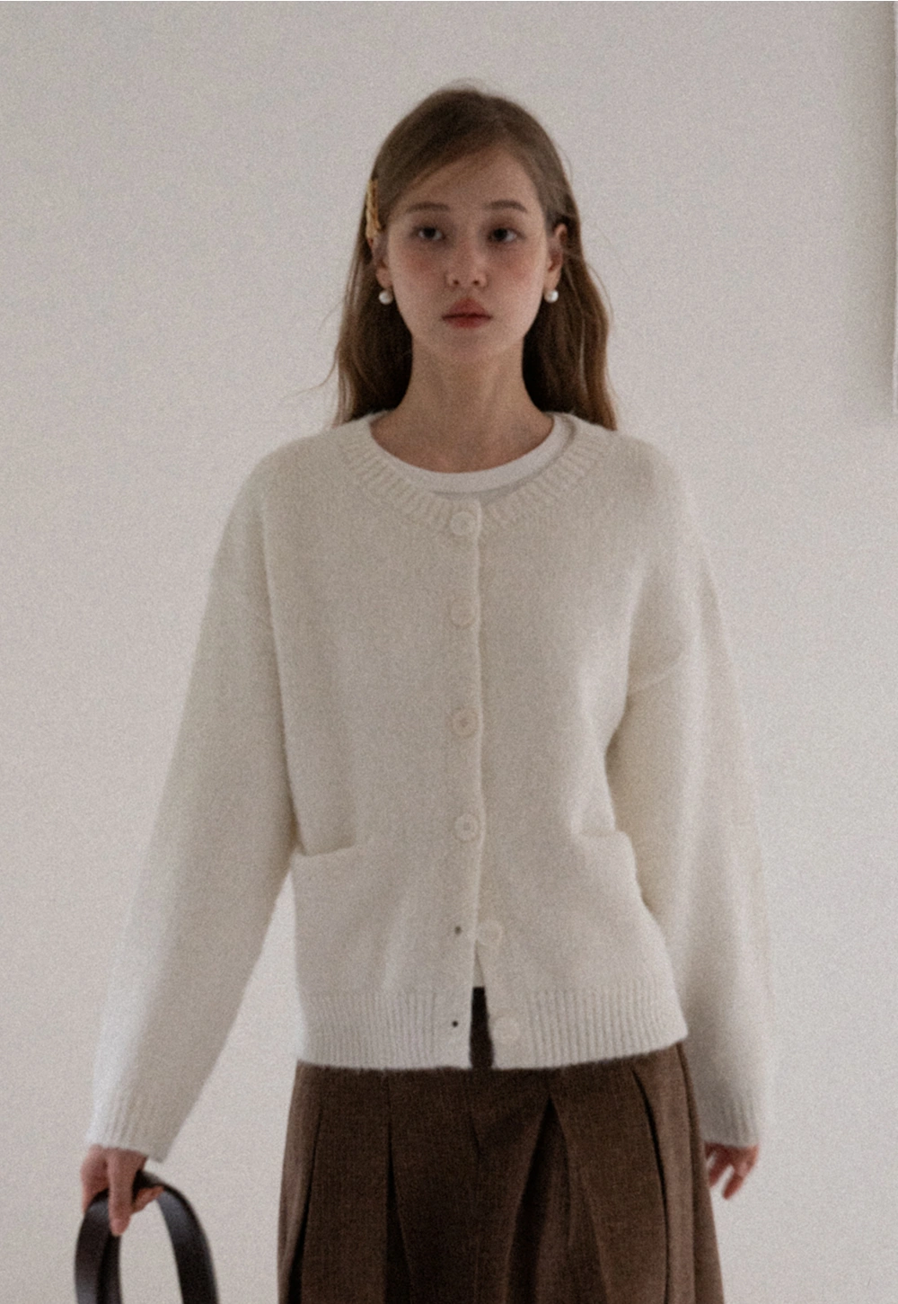 Women Basic Cream Knit Cardigan Casual Warm Sweater