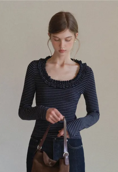 Women Striped Long Sleeve Tee with Ruffled Neckline