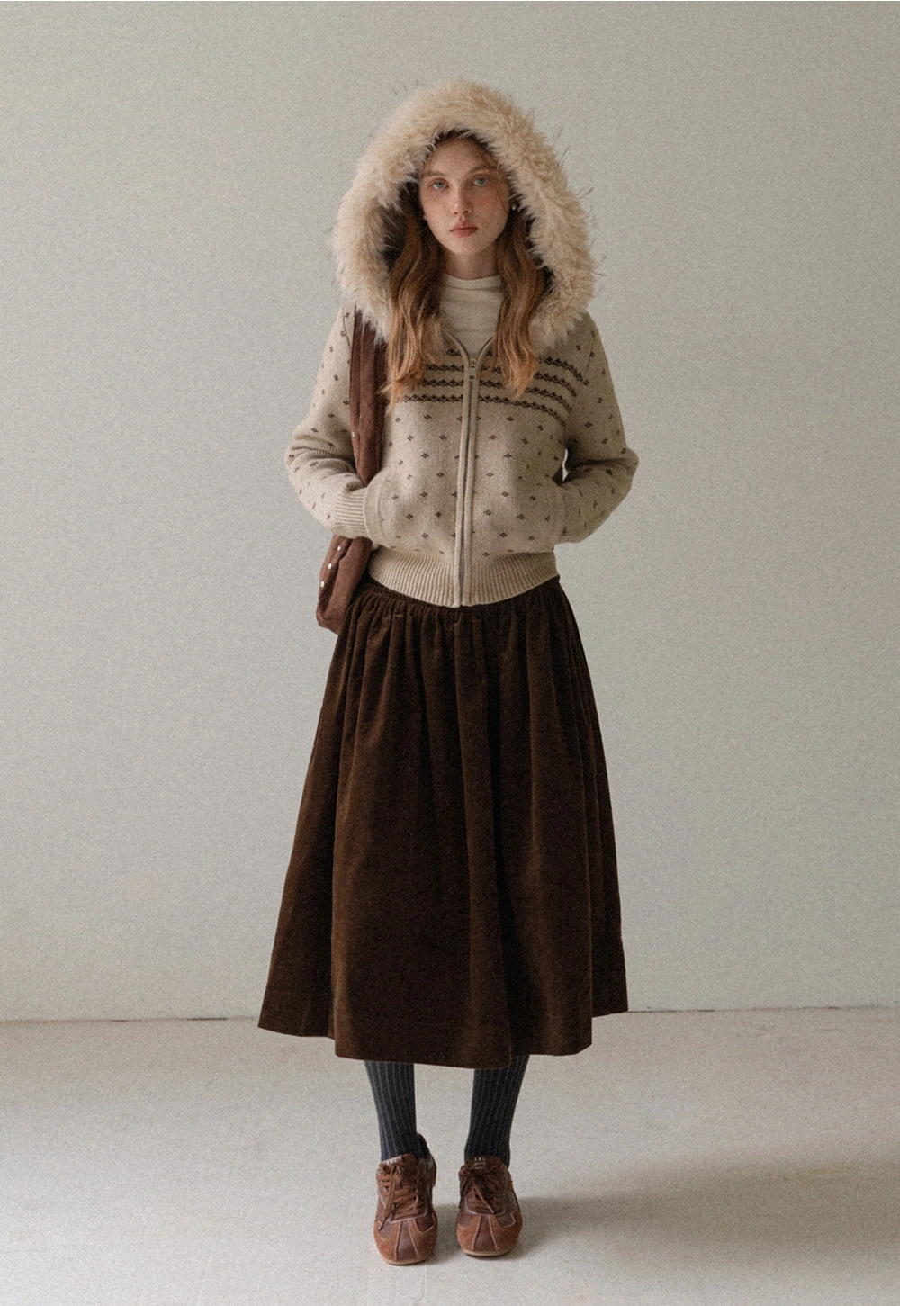 Vintage Knit Hooded Cardigan Women Faux Fur Coat