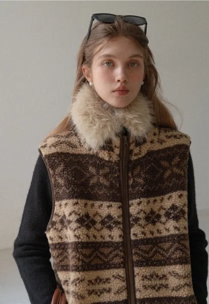 Vintage Fleece Vest Women Zip Up Sherpa Warm