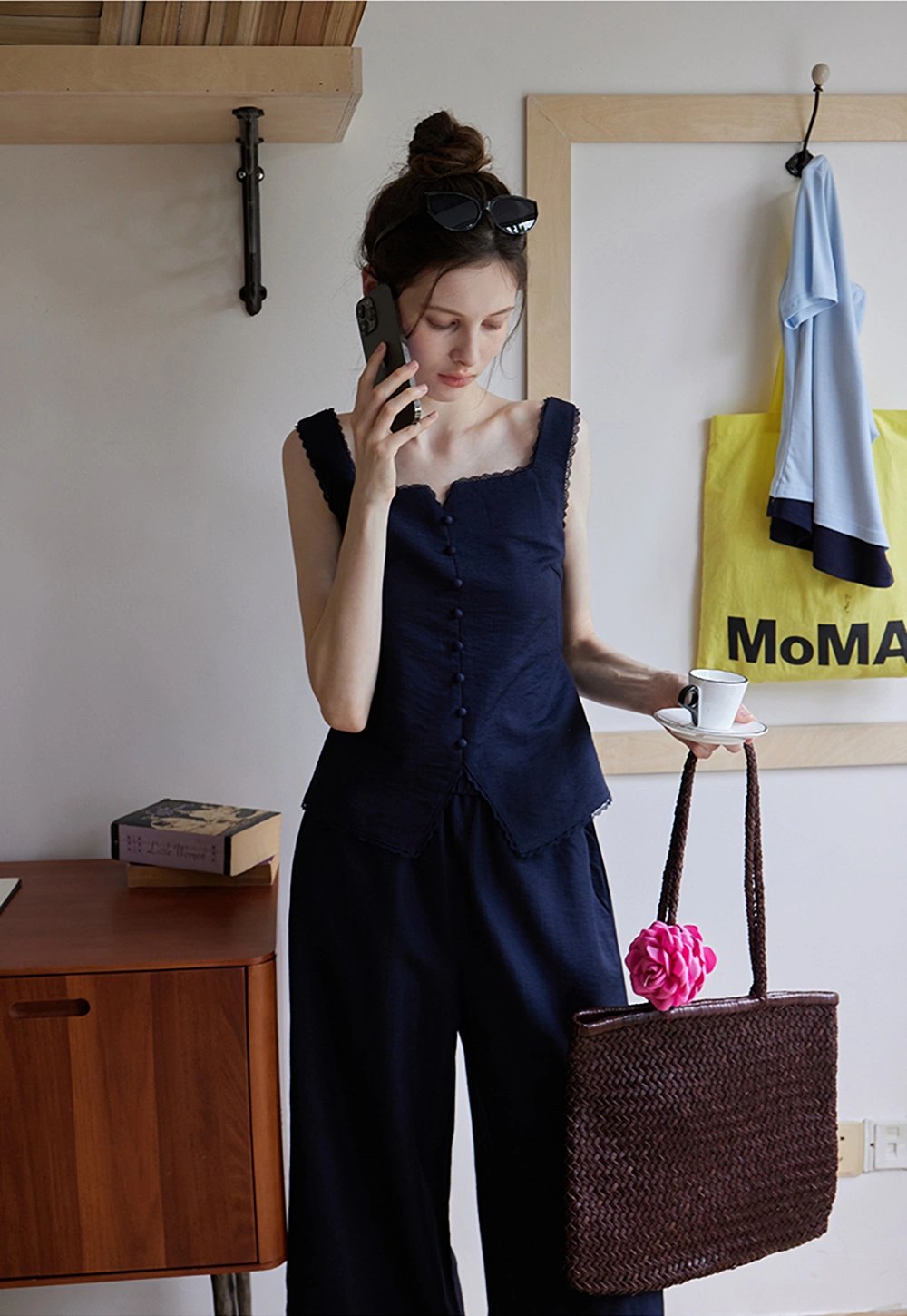 Women’s 2 Piece Set – Sleeveless Lace Trim Top and High Waist Wide Leg Pants