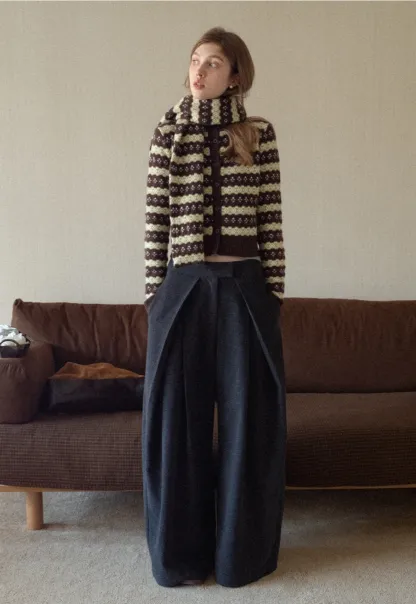 Women Warm Knit Cardigan Set Vintage Striped Style