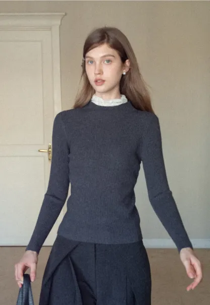 Womens Ribbed Mock Neck Top with Lace Buttons