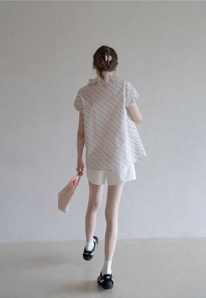 Women’s Ruffle Trim Striped Short Sleeve Blouse