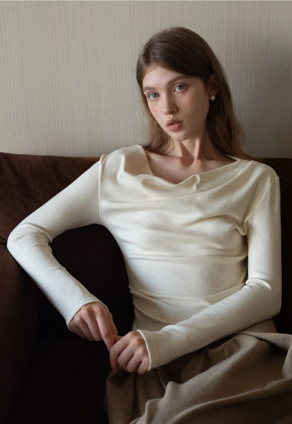 Womens Long Sleeve Drape Neck Top