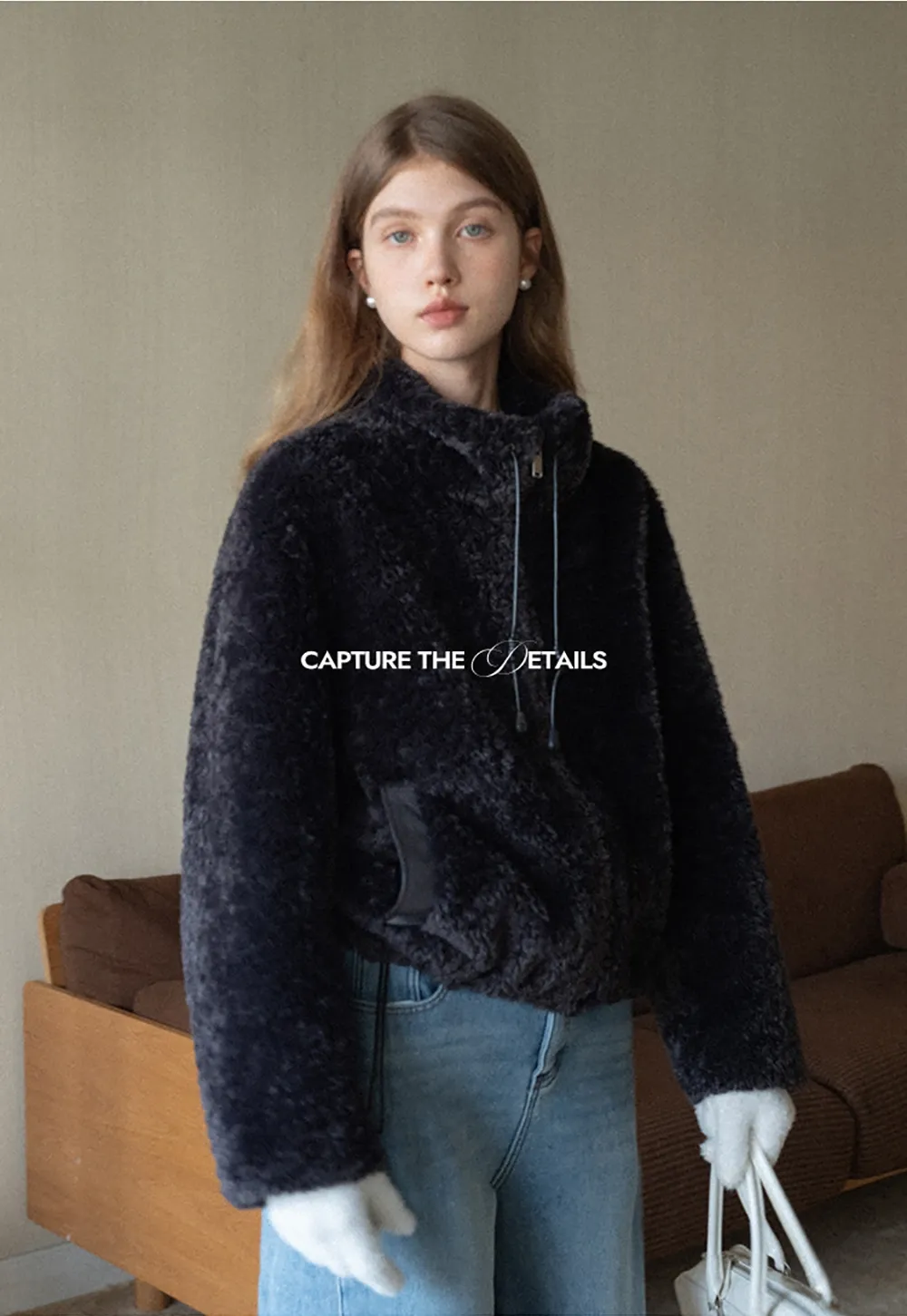 Womens Oversized Stand Collar Faux Leather and Sherpa Jacket