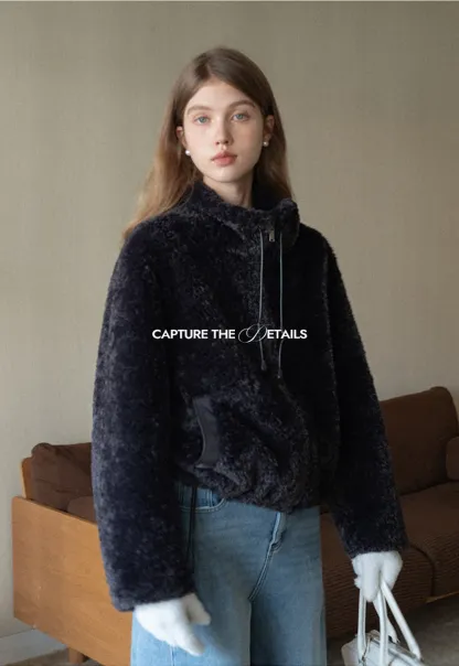 Womens Oversized Stand Collar Faux Leather and Sherpa Jacket