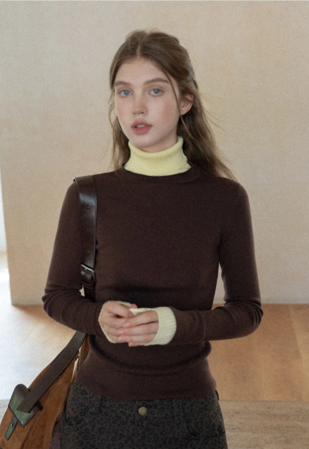 Casual Brown Turtleneck Sweater with Yellow Cuffs