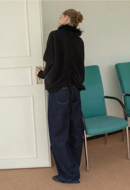 Faux Fur Collar Cable Knit Poncho Sweater for Women