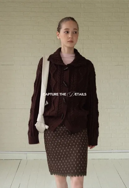 Loose Fit Turtleneck Sweater Cardigan with Cable Knit and Toggle Closure