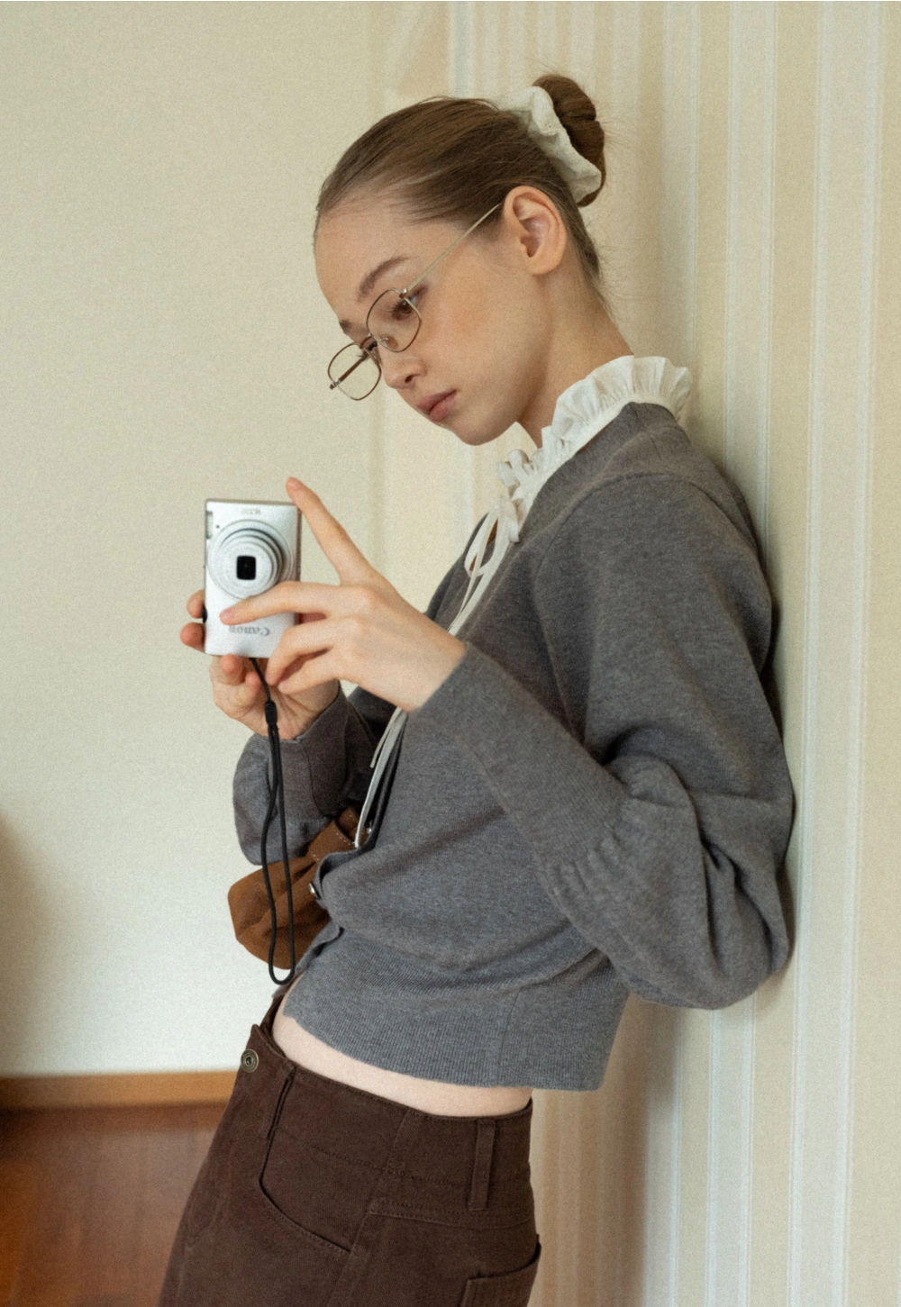 Women V-Neck Cardigan with Puff Long Sleeves