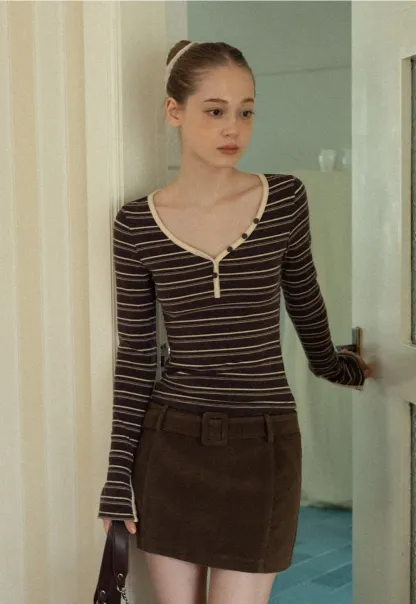 Women Striped Long Sleeve V-Neck Top