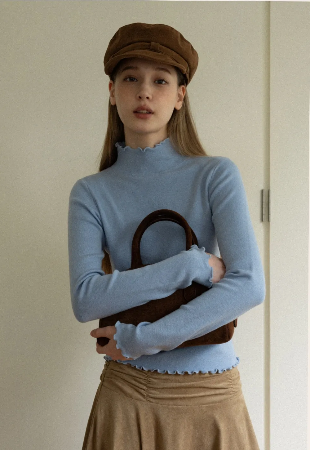 Chic Light Blue Ruffle Trim Turtleneck Sweater