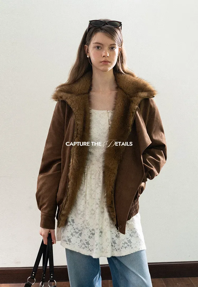 Faux Suede Jacket with Fur Collar