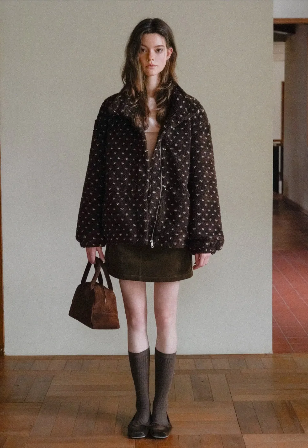 Women Cozy Fleece Jacket with Cute Heart Pattern