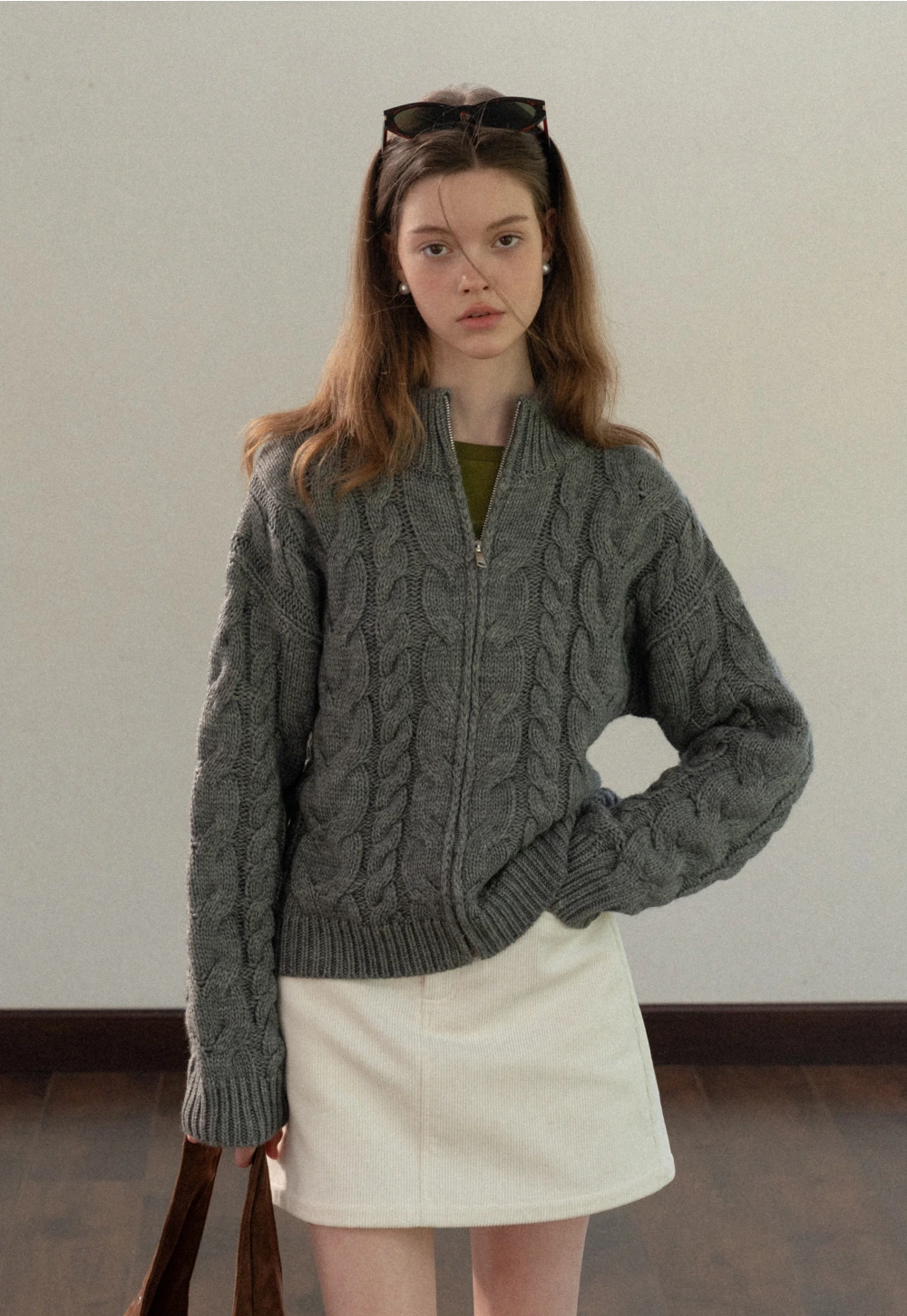 Stand-Collar Cable Zip Sweater