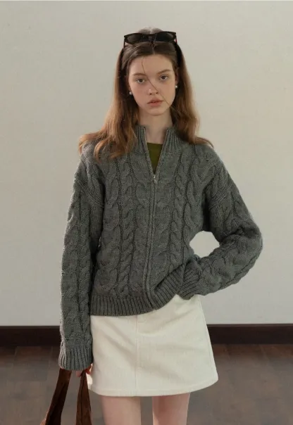 Stand-Collar Cable Zip Sweater