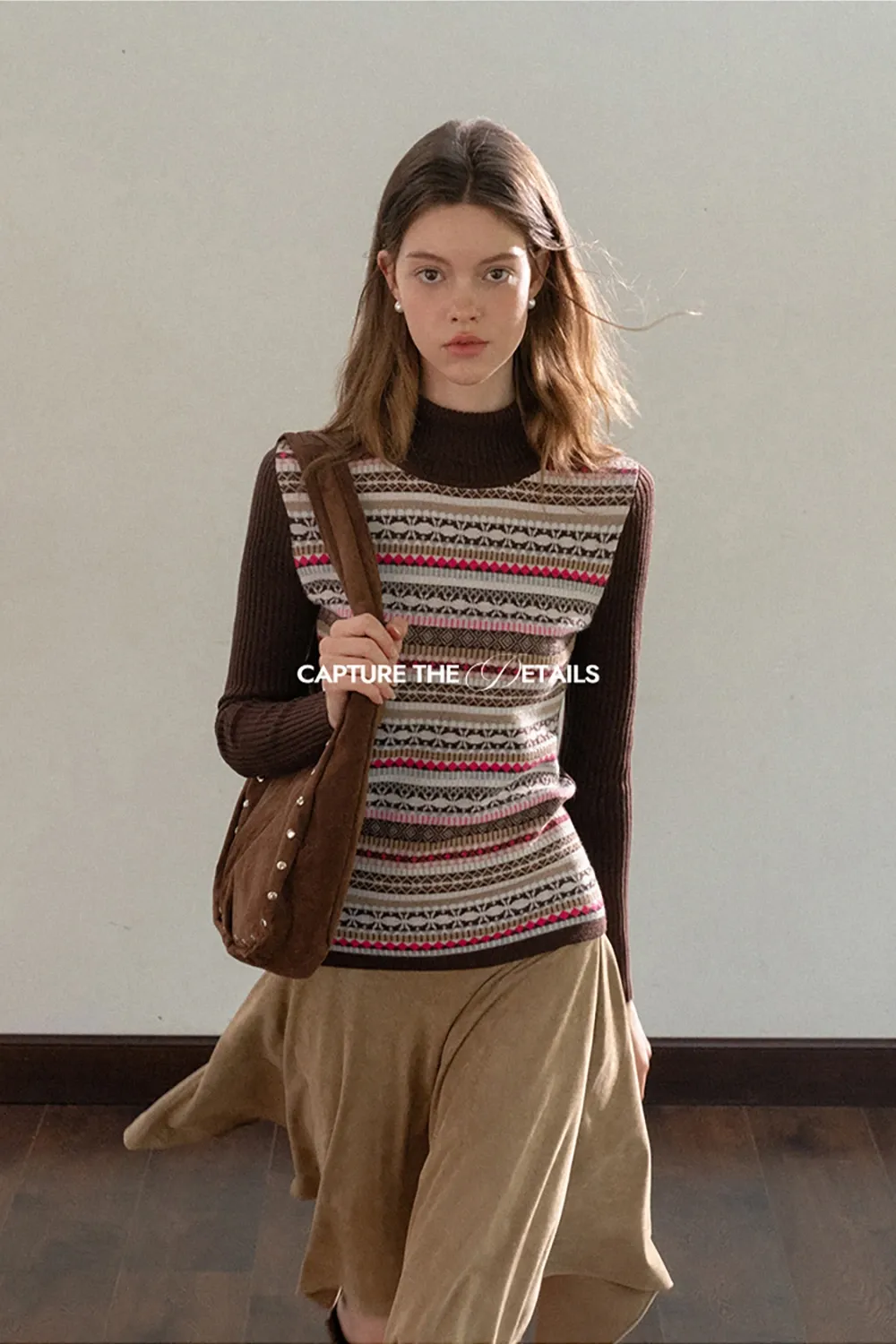 Knitted Turtleneck Top with Colorful Nordic Stripes