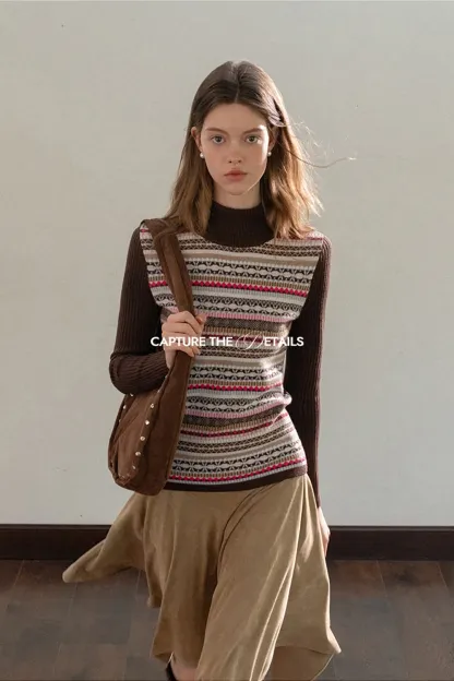 Knitted Turtleneck Top with Colorful Nordic Stripes
