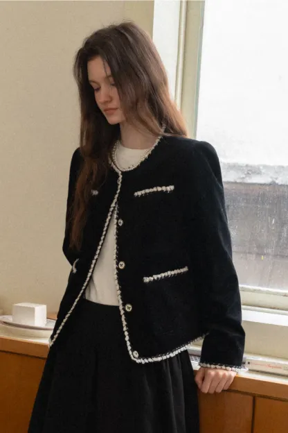 Womens Classic Contrast Trim Tweed Short Jacket