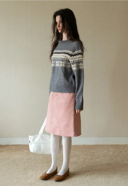 Gray Knit Sweater with Fair Isle Pattern