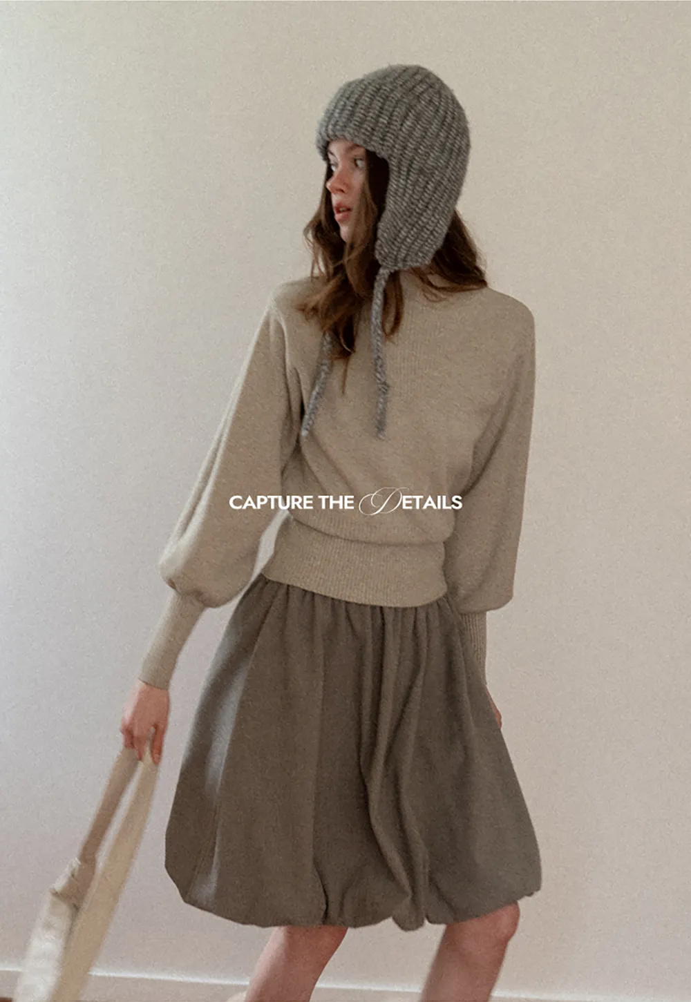 Ribbed High-Neck Sweater with Balloon Sleeves