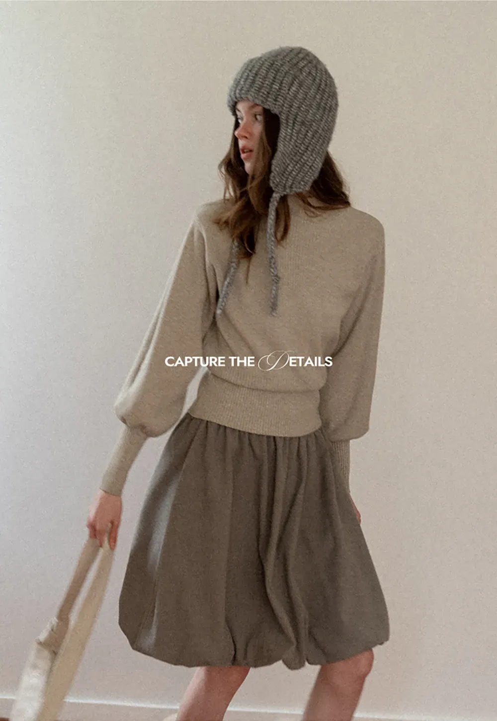 Ribbed High-Neck Sweater with Balloon Sleeves