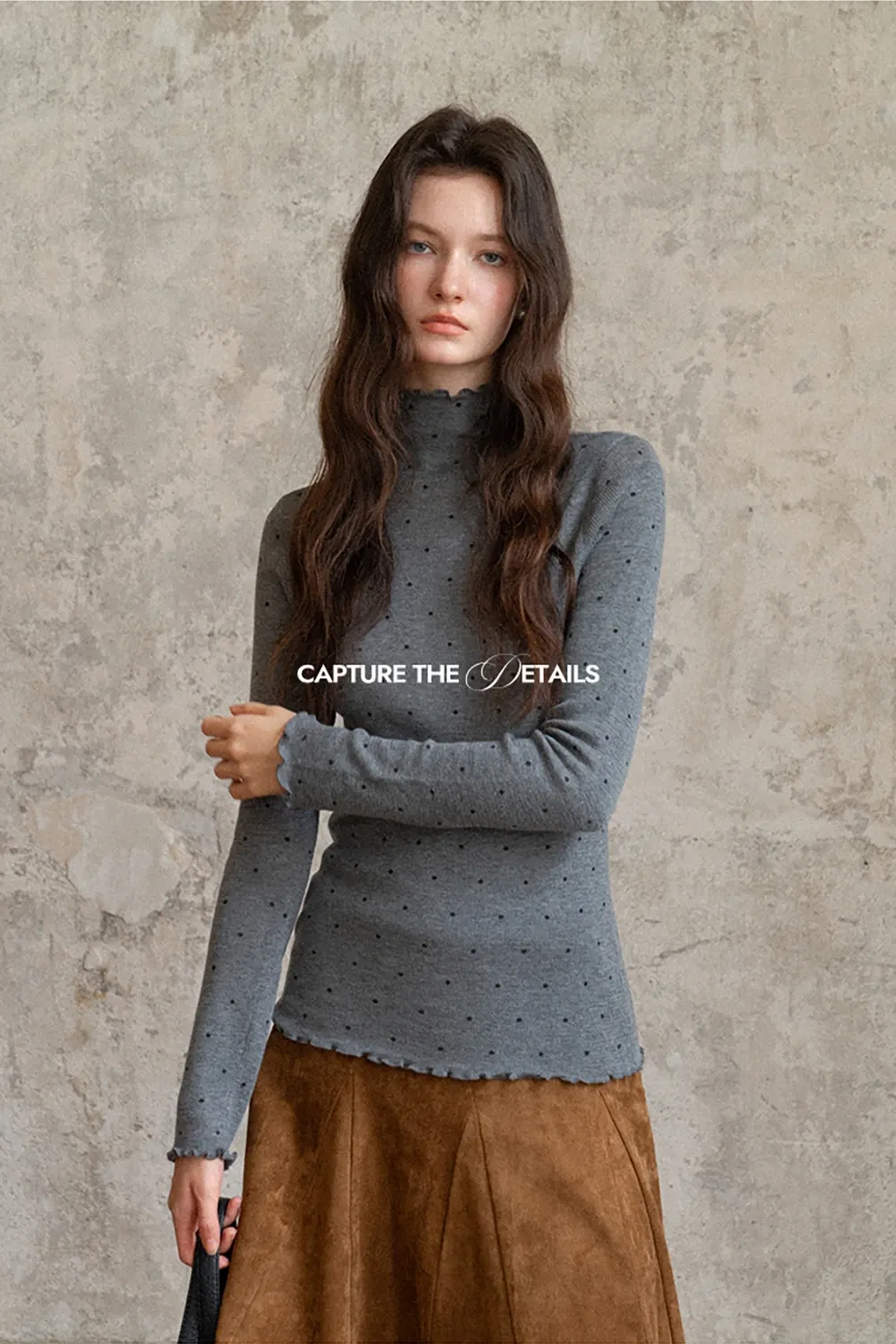 Polka Dot High Neck Ruffle Knit Top