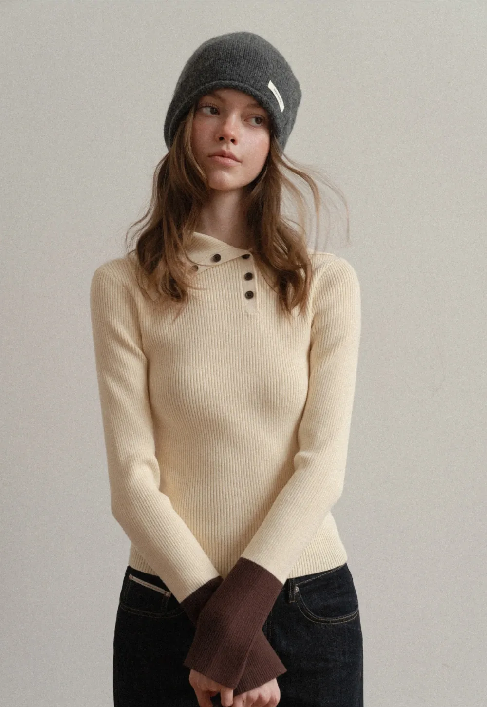 Women Stylish Ribbed Knit Top with Button Neck