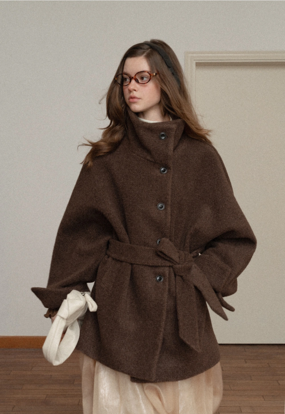 Winter Woolen Coat with Belt and Button Fastening