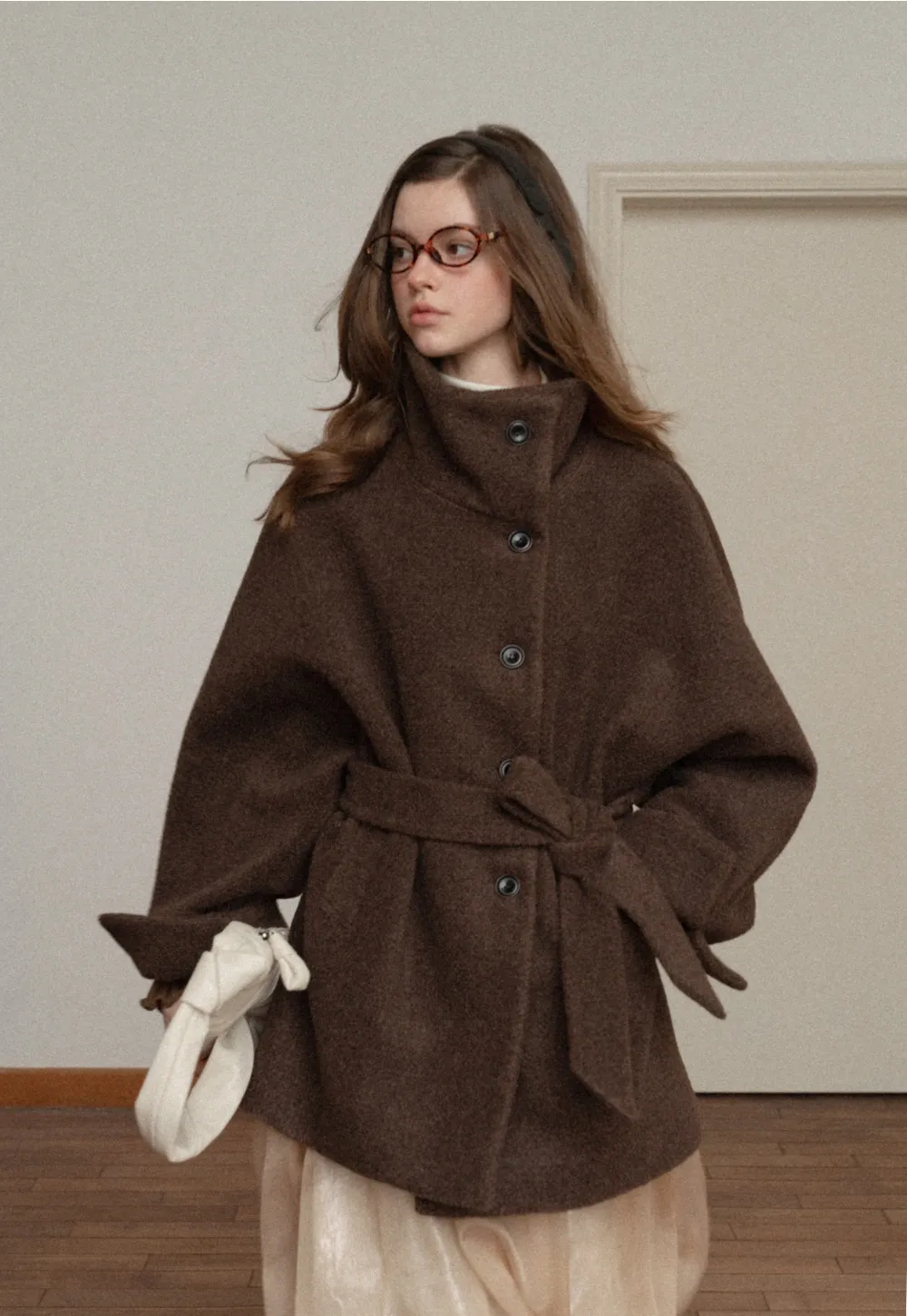 Winter Woolen Coat with Belt and Button Fastening
