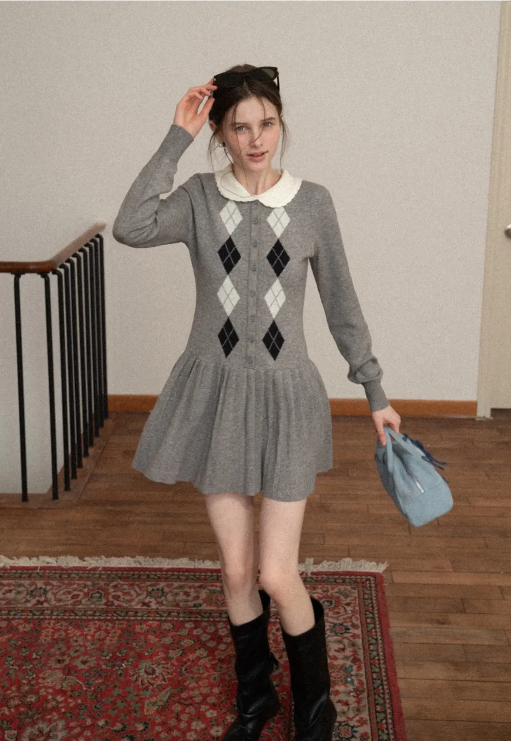 Argyle Knit Dress with Peter Pan Collar