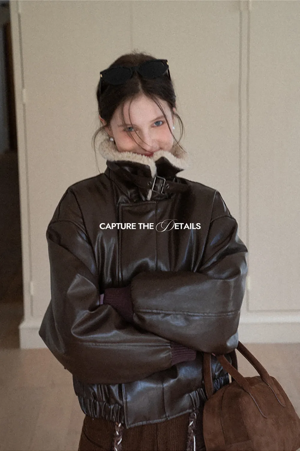 Faux Leather Bomber Jacket with Fur Collar