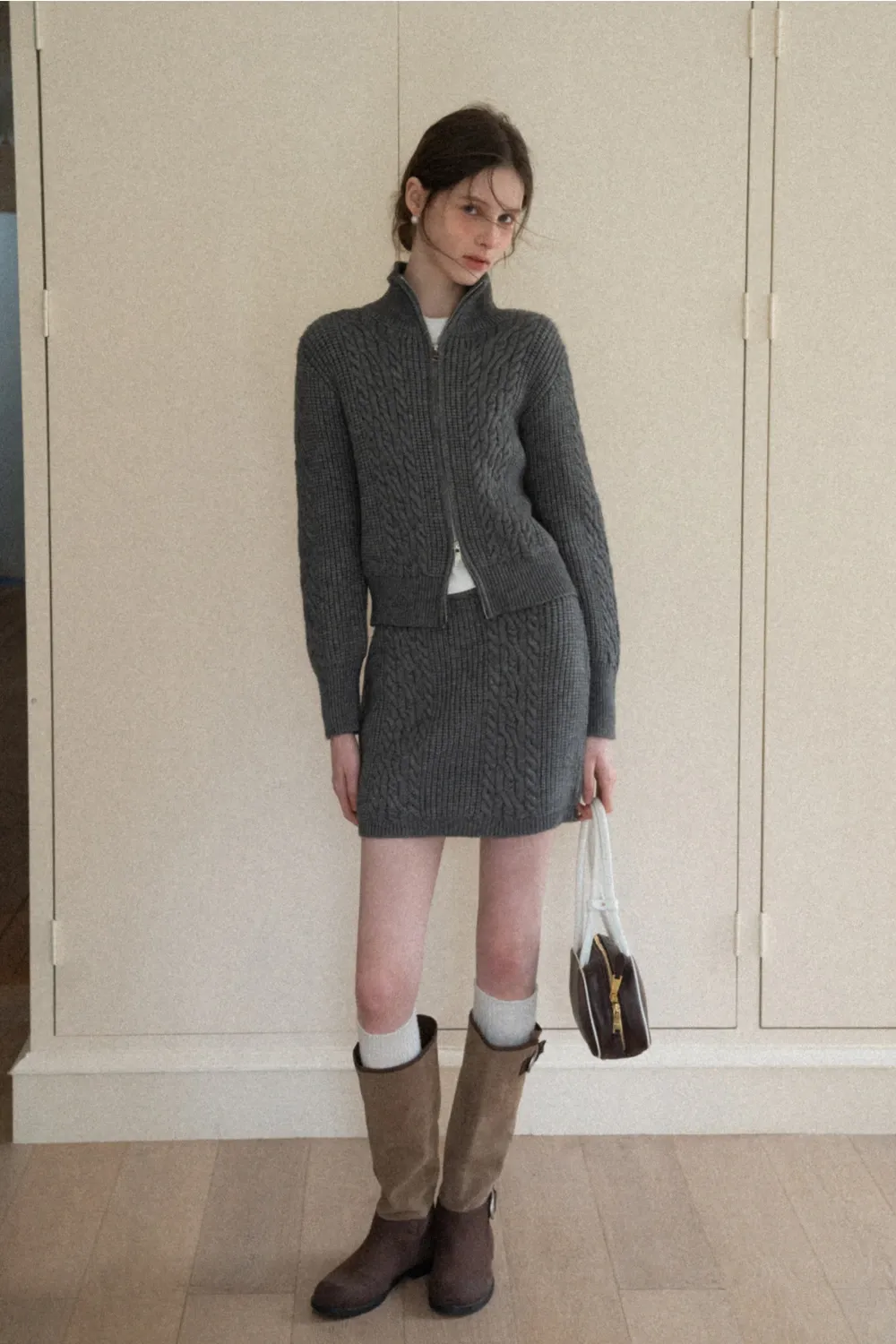 Cable Knit Zip-Up Sweater and Skirt Set