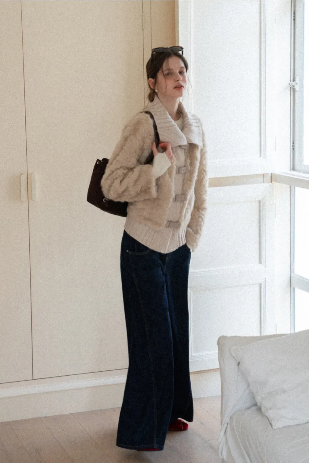 Collar Knit Patchwork Faux Shearling Coat