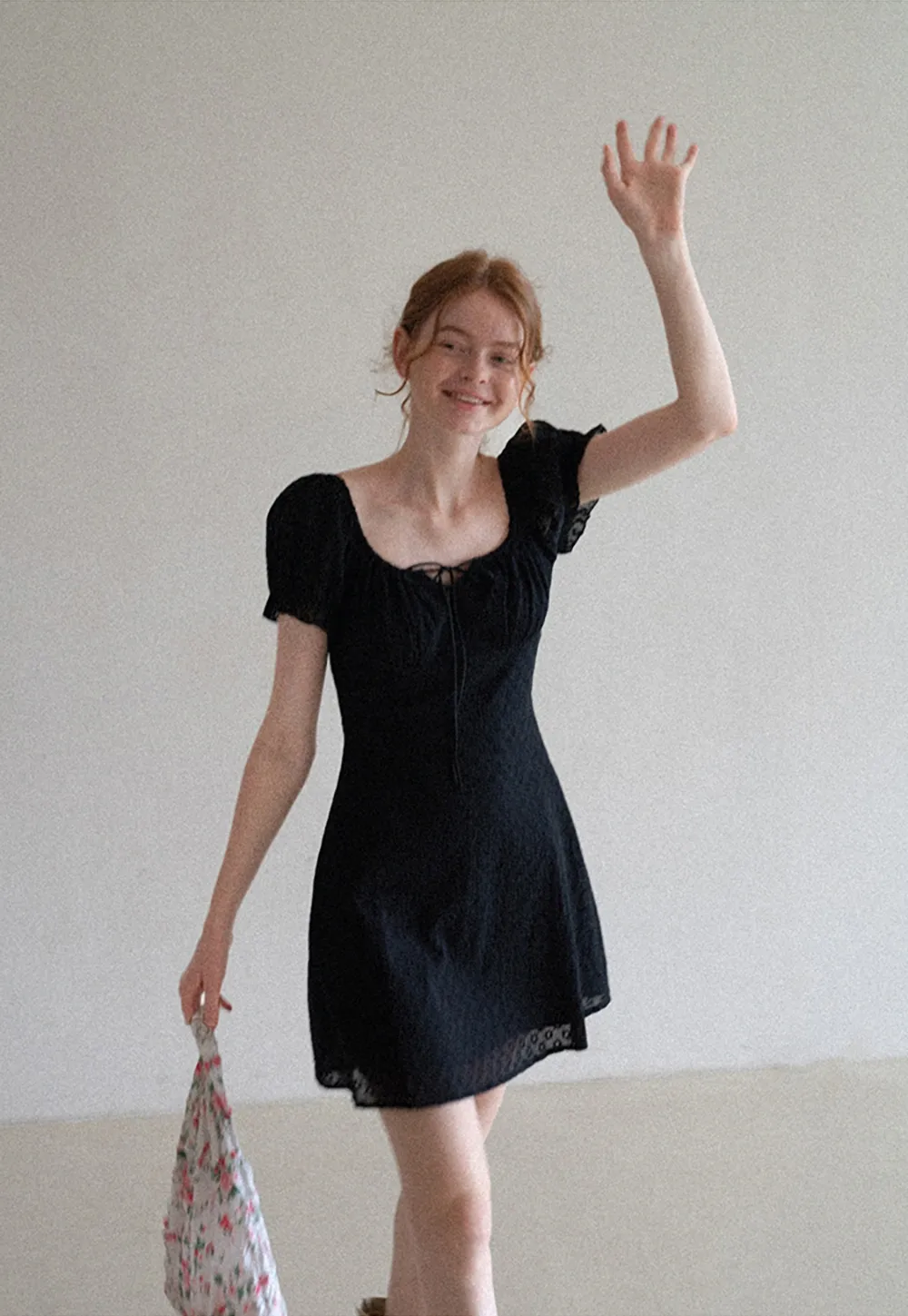 Women’s Puff Sleeve Tie-Front Eyelet Mini Dress
