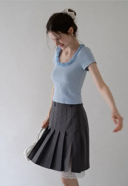 Pleated Mini Skirt with Lace Trim