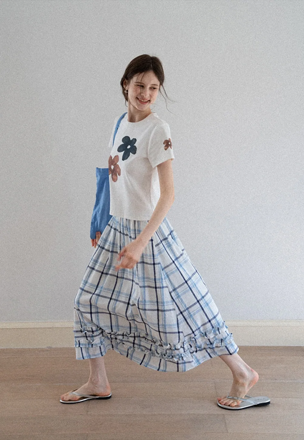 Blue-Check Ruffled Hem Midi Skirt