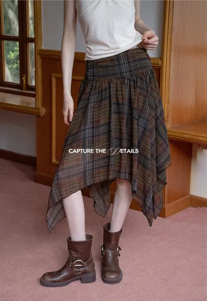 Women's Asymmetrical Plaid Midi Skirt 