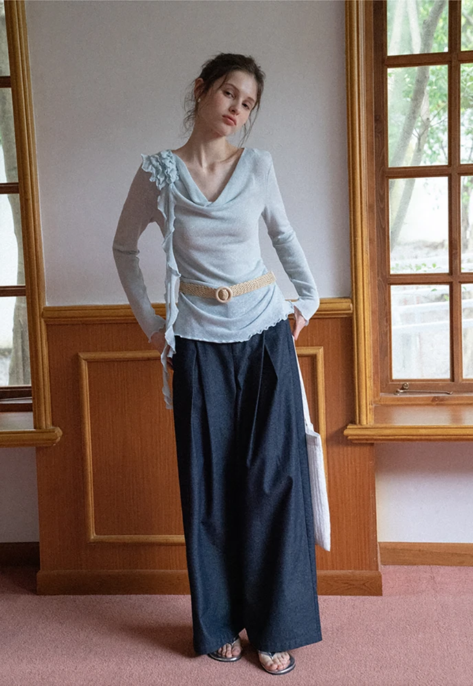 Women Draped Cowl Neck Ruffle Trim Belted Top