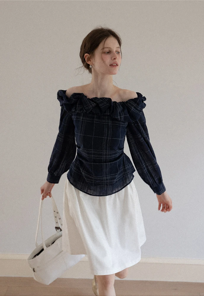 Off-Shoulder Plaid Blouse