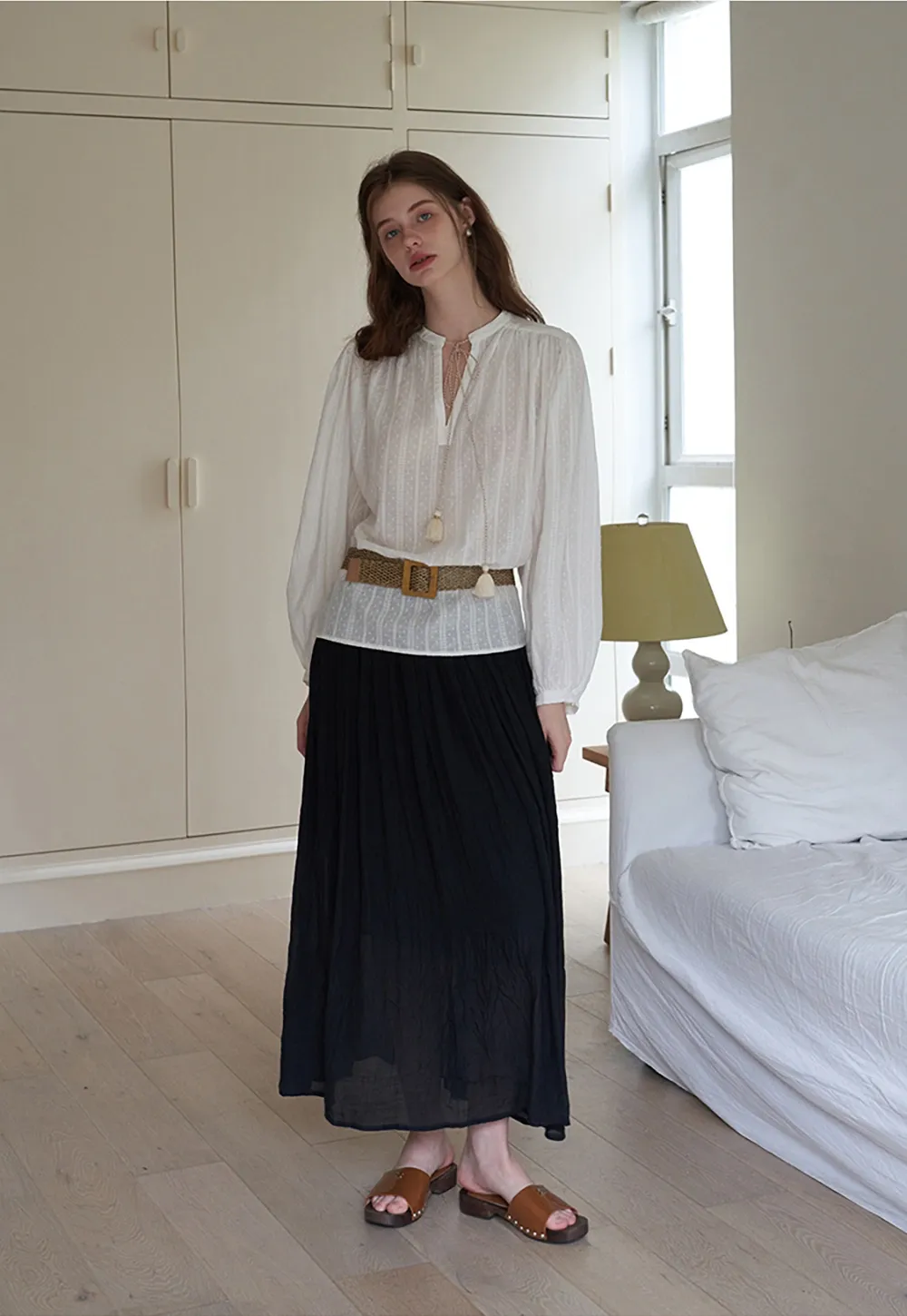 Women's Boho Tassel Tie Hollow Out Long Sleeve Shirt & Pleated Skirt Set
