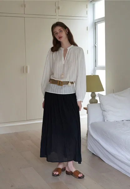 Women's Boho Tassel Tie Hollow Out Long Sleeve Shirt & Pleated Skirt Set