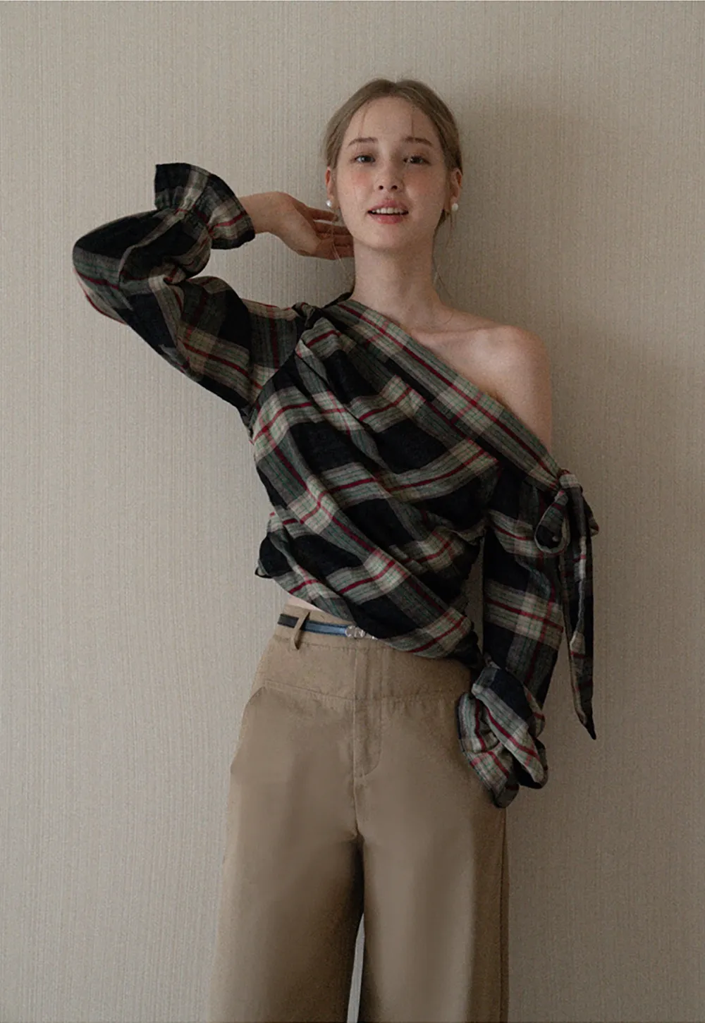 Womens Plaid Off Shoulder Tie Blouse