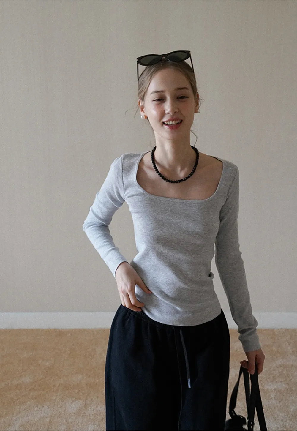 Womens Square Neck Long Sleeve Knit Top