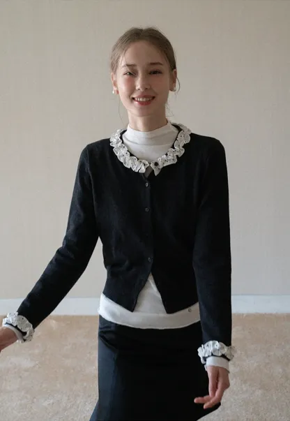 Ruffle Trim Button Down Knit Cardigan