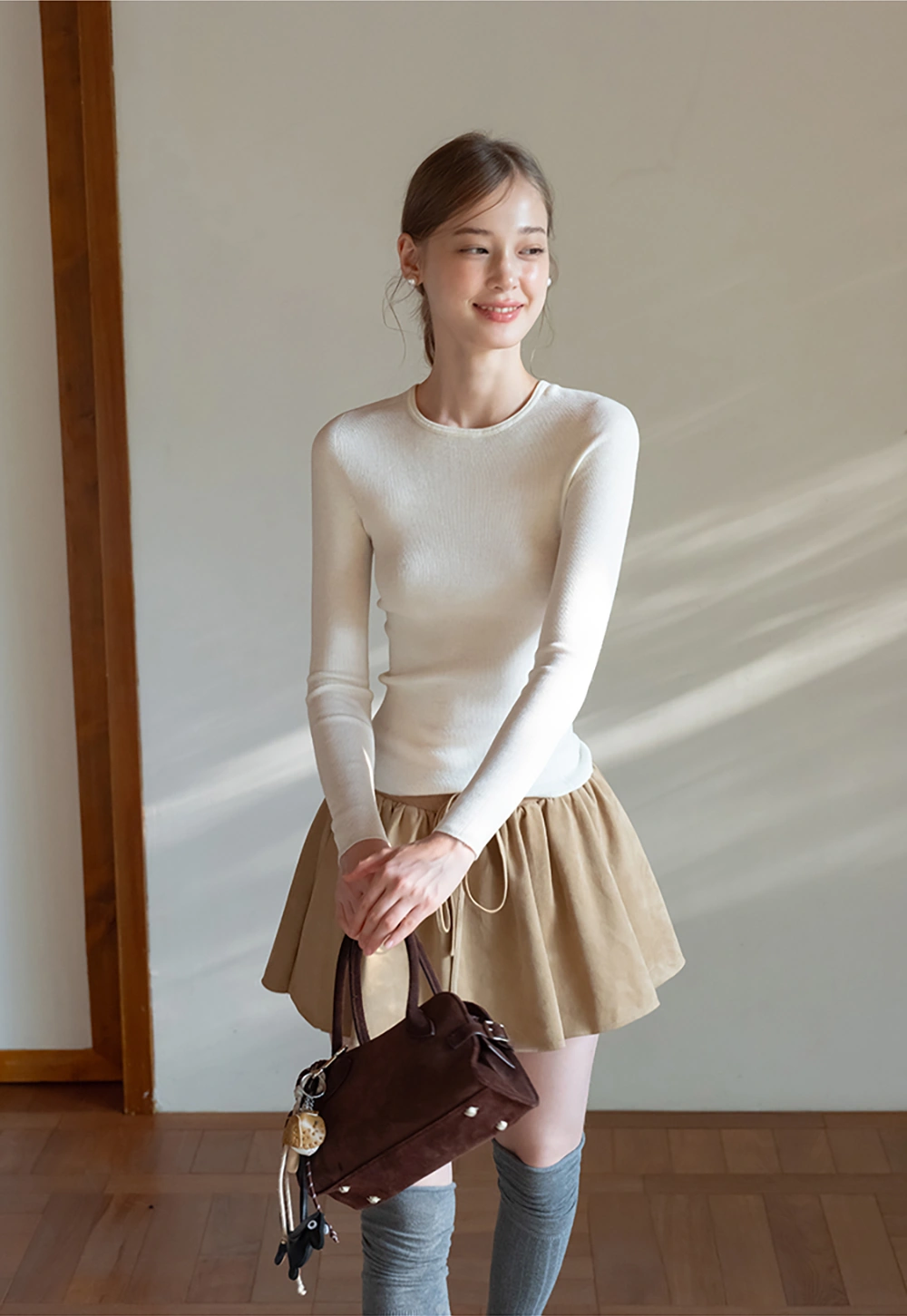 Womens Khaki Drawstring High Waist Pleated Mini Skirt