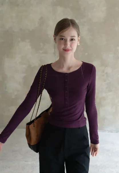 Womens Button Front Long Sleeve Henley Top