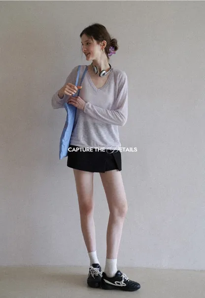 Women’s Sheer V-Neck Long-Sleeve Pullover