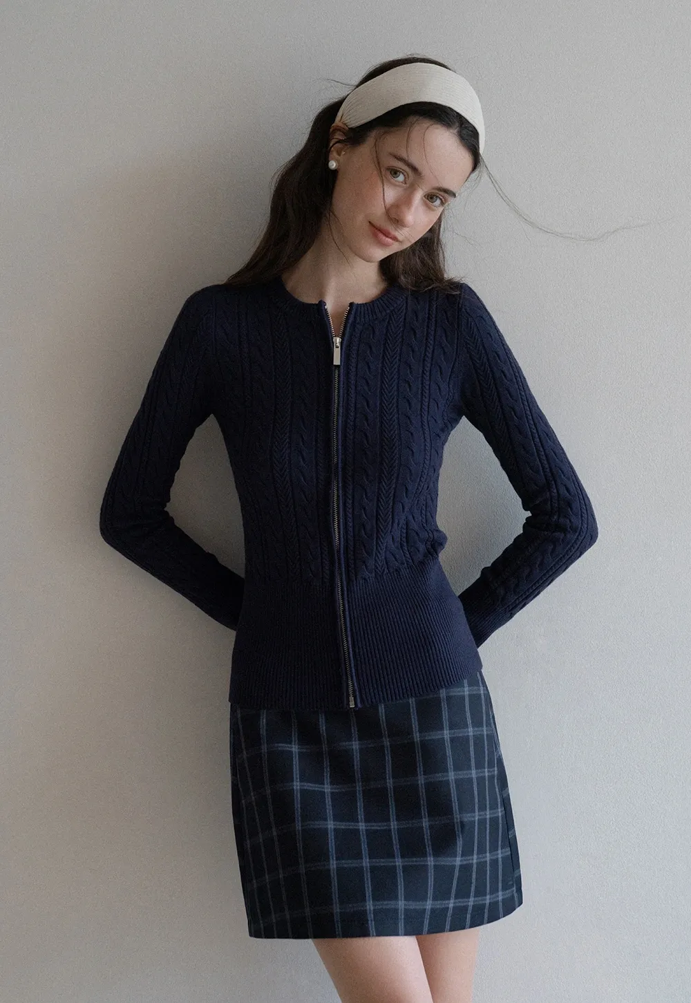 Casual Long Sleeve Cable Knit Top with Zipper